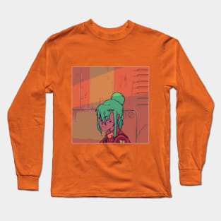 Cyberpunk green haired girl with a rustic orange background Long Sleeve T-Shirt